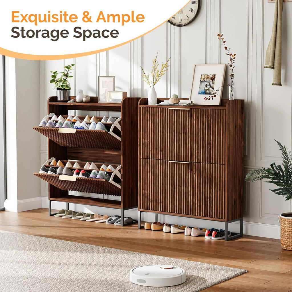 Fluted Shoe Cabinet Storage ,Hidden Shoes Storage Cabinet with 2 Flip Drawers, Mid Century Modern Shoe Rack