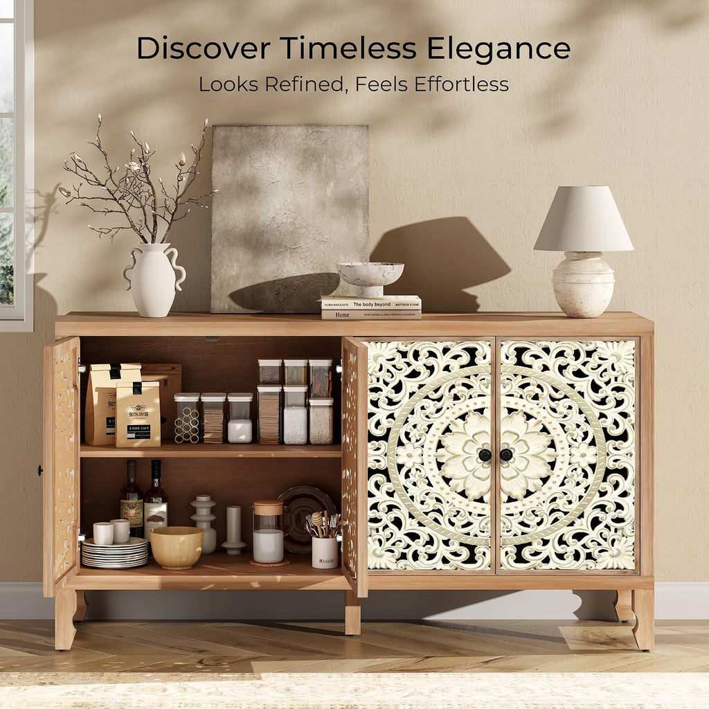 59" Solid Wood Buffet Cabinet, Accent Cabinet with 4 Carved Doors | Vintage Sideboard with Adjustable Shelf, Wooden