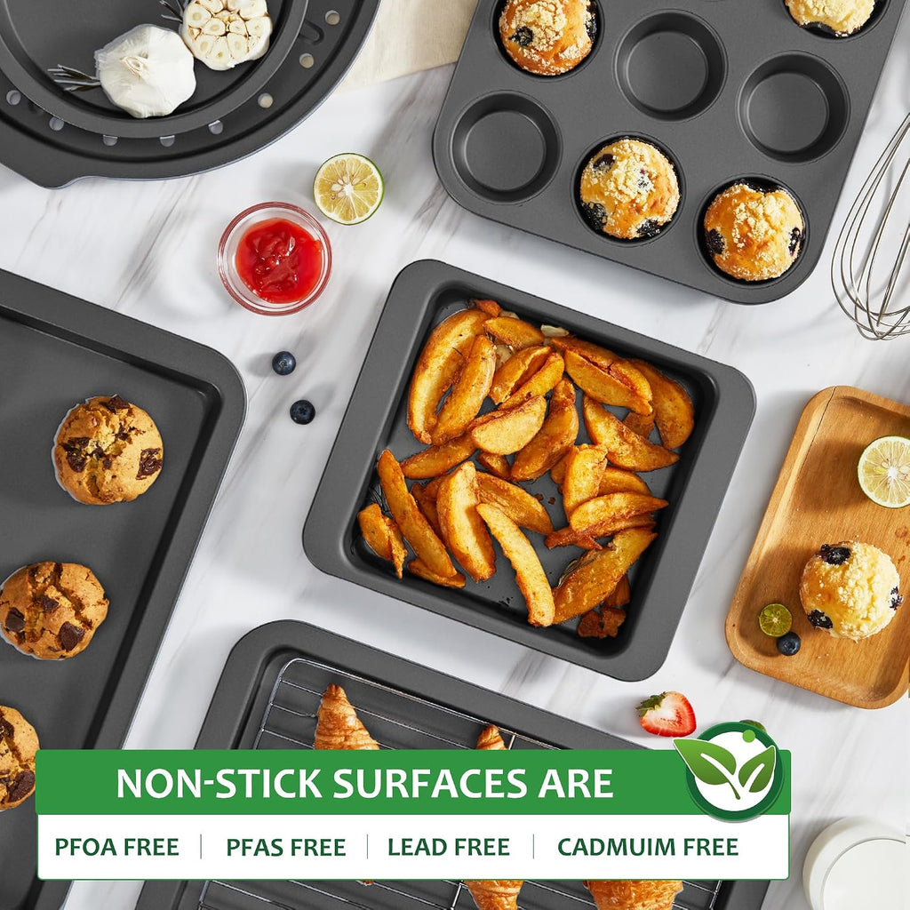 Bakeware Sets, Pans Set, Nonstick Oven Pan with Wider Grips, 10 Pieces Including Rack, Cookie Sheet, Cake Pans, Loaf