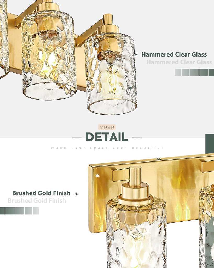 4-Light Brushed Gold Bathroom Vanity Light, Hammered Cylinder Glass | 24.5" modern bathroom light fixtures over