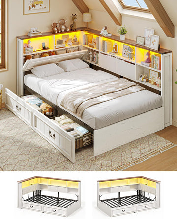 Twin Corner Bed Frame with Storage Drawers and Bookcase Hidden Headboard, Charging Station and Led Lights, Farmhouse