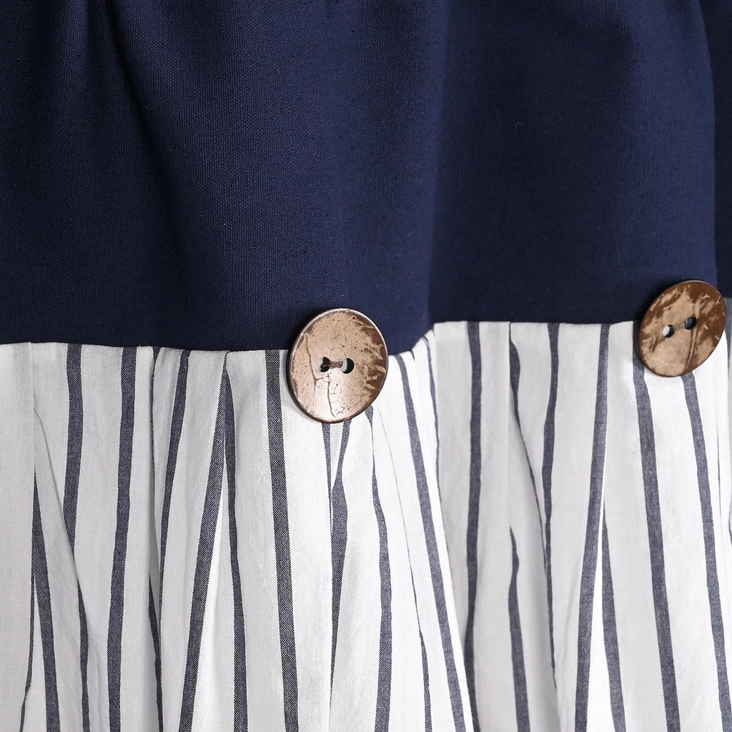 Ides Farmhouse Navy Blue Button Valance, Striped Pleated Design with Coconut Buttons, Window Treatment Living Room