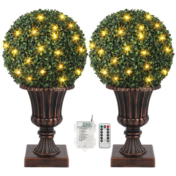 2 Pcs 16" Artificial Plant Topiary Ball with Light, All-Year Green Faux Boxwood Decorative Balls for Backyard