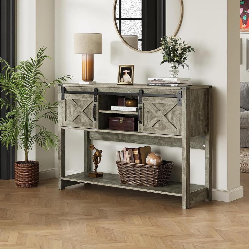 Console Table with Storage Shelf & Sliding Barn Door, Farmhouse Entryway Table with Storage, 46" Narrow Long Sofa