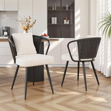 Modern Rattan Dining Chairs Set of 6, Upholstered Kitchen Chair with Metal Legs, Ergonomic Curved Backrest, Mid
