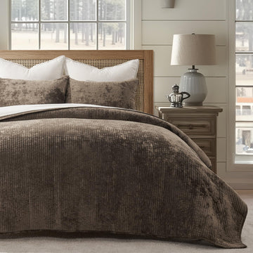 Striped Channel Velvet Quilt Set, Mushroom Brown