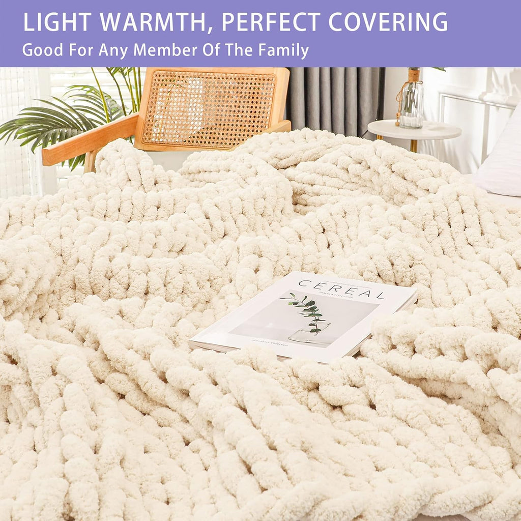 Chunky Knit Throw Blanket, 40x60 inches, 100% Hand Knitted with Thick Jumbo Chenille Yarn, Cozy Soft Large Rope Knot