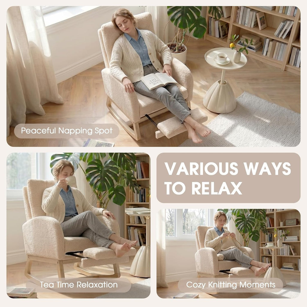 Modern Nursery Rocking Chair with Footrest, Corduroy Upholstered Recliner Glider Chair with Diamond Shape Back