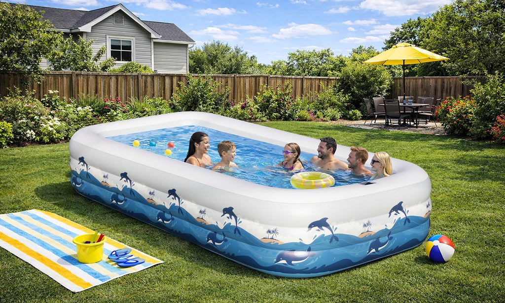 Extra Large Inflatable Pool with Lights - 145" x 74" x 22" Swimming Pool for Adults with Solar Powered, Blow Up Pool