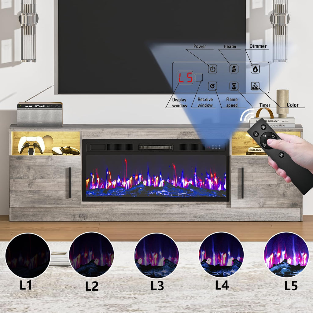 Fireplace TV Stand with 36" Fireplace Up to 80" TVs, 70" Entertainment Center with LED Lights, Remote Control, TV