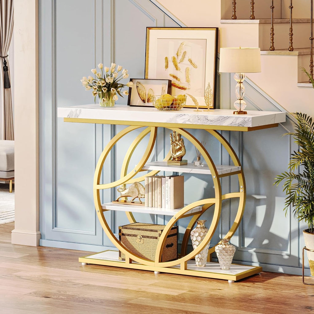 41.3 Inch Entryway Table with Marble Top, Modern Console Sofa Table, Accent Table with Shelves, for Entry, Hallway