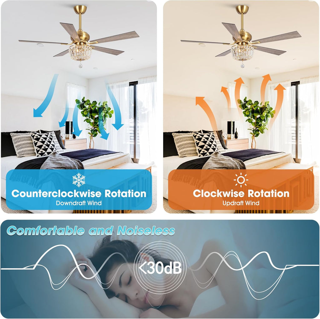 Gold Ceiling Fans with Lights and Remote 52 Inch Crystal Chandelier Ceiling Fan