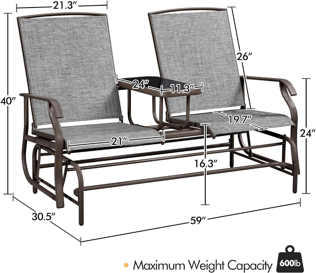 Outdoor Glider Bench Patio Loveseat with Table, Gray | Steel frame, Texteline fabric and tempered glass table provide