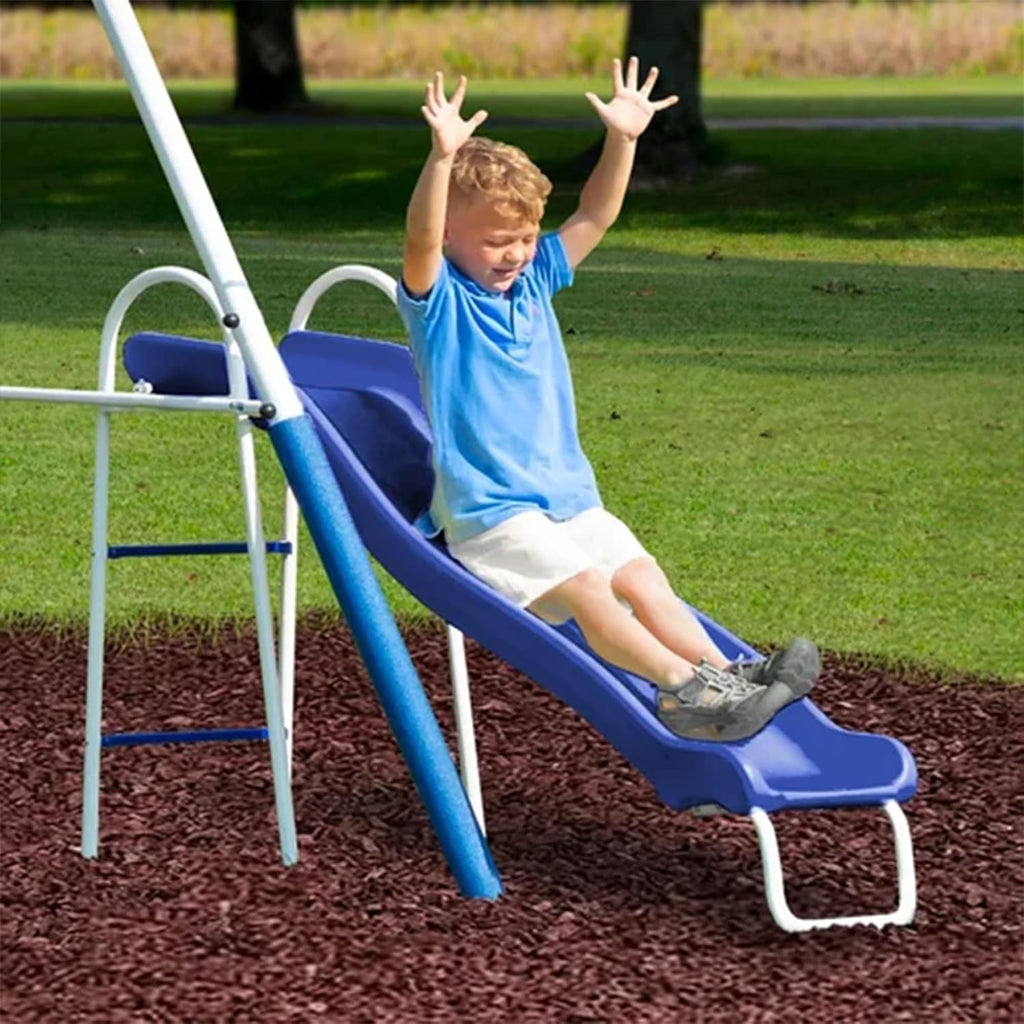 Titan II Safe-Arch Swing Set for Backyard, Silver, Blue & Green - Includes Seesaw, 2 Swing Seats, Stand R, Air