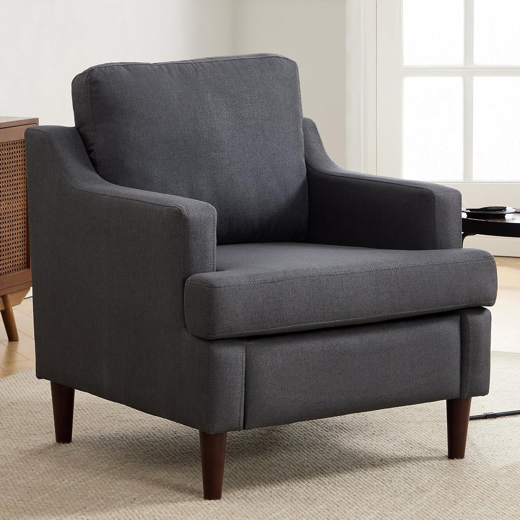 Mid-Century Accent Chair Modern Linen Fabric Armchair ,Comfy Upholstered Reading Chairs ,Single Sofa Chair with Wood