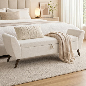 60" Storage Ottoman Bench, Teddy Fabric End of Bed Bench King Size with Solid Wood Legs, Large Hidden Storage (Beige)