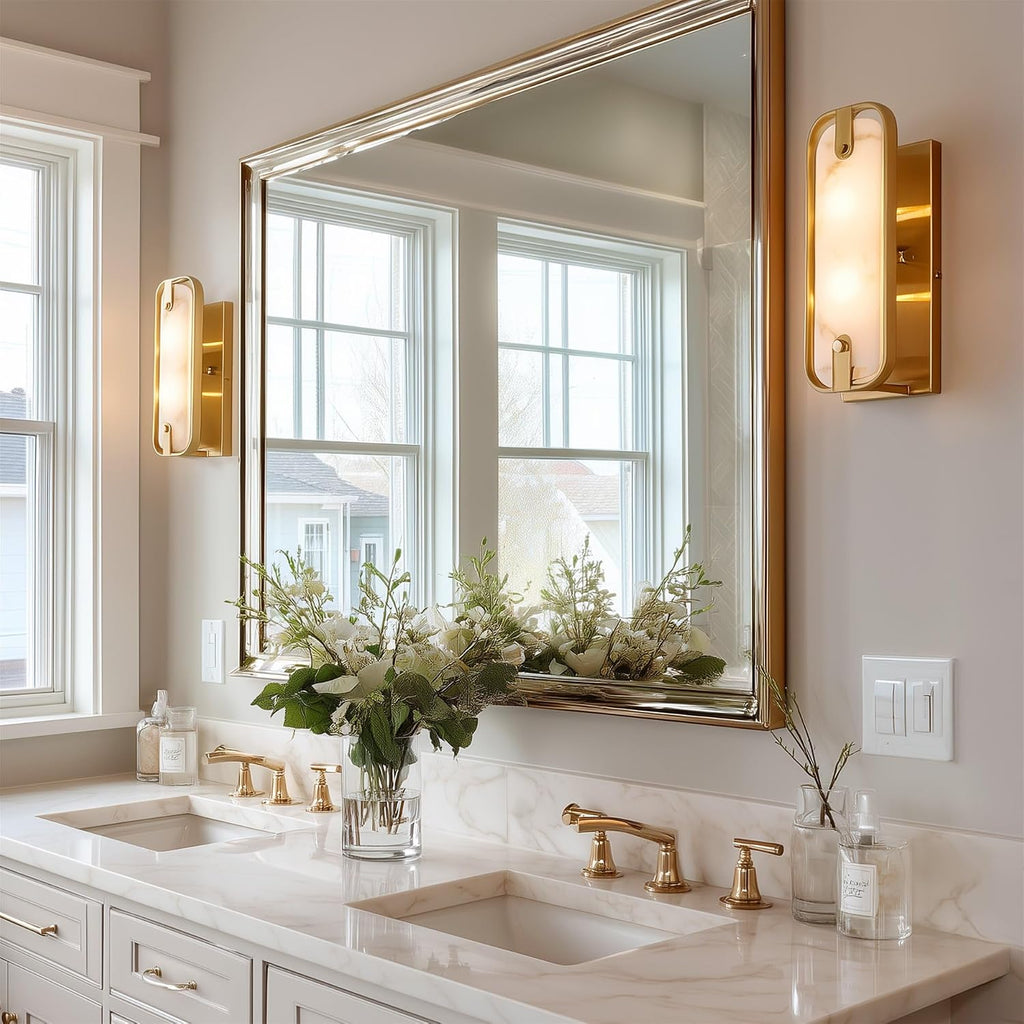 Casia 16" Modern Gold Faux Alabaster Wall Sconce, Gold Wall Light with Honed Resin Shade in Alabaster Finish