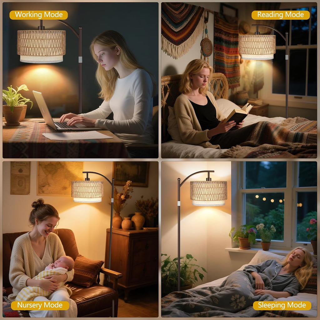 Arc Floor Lamps, Boho Farmhouse Floor Lamp with Remote & Dimmable Bulb, Standing Lamp with Rattan & Fabric Shades
