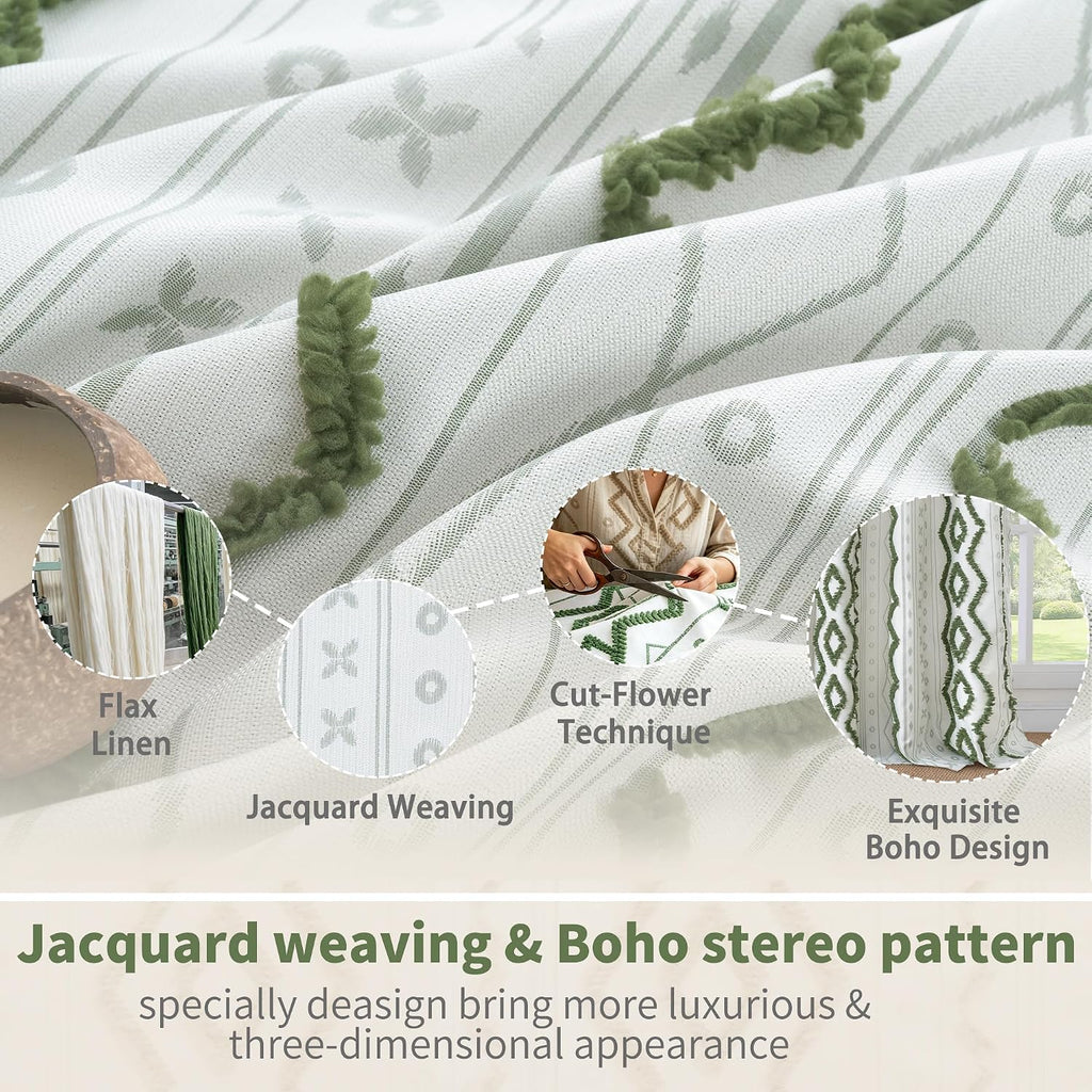 Green Boho Curtains with Tufted Pom Stripe Geometric, Linen Jacquard Pattern Drapes with Grommet for Living Room