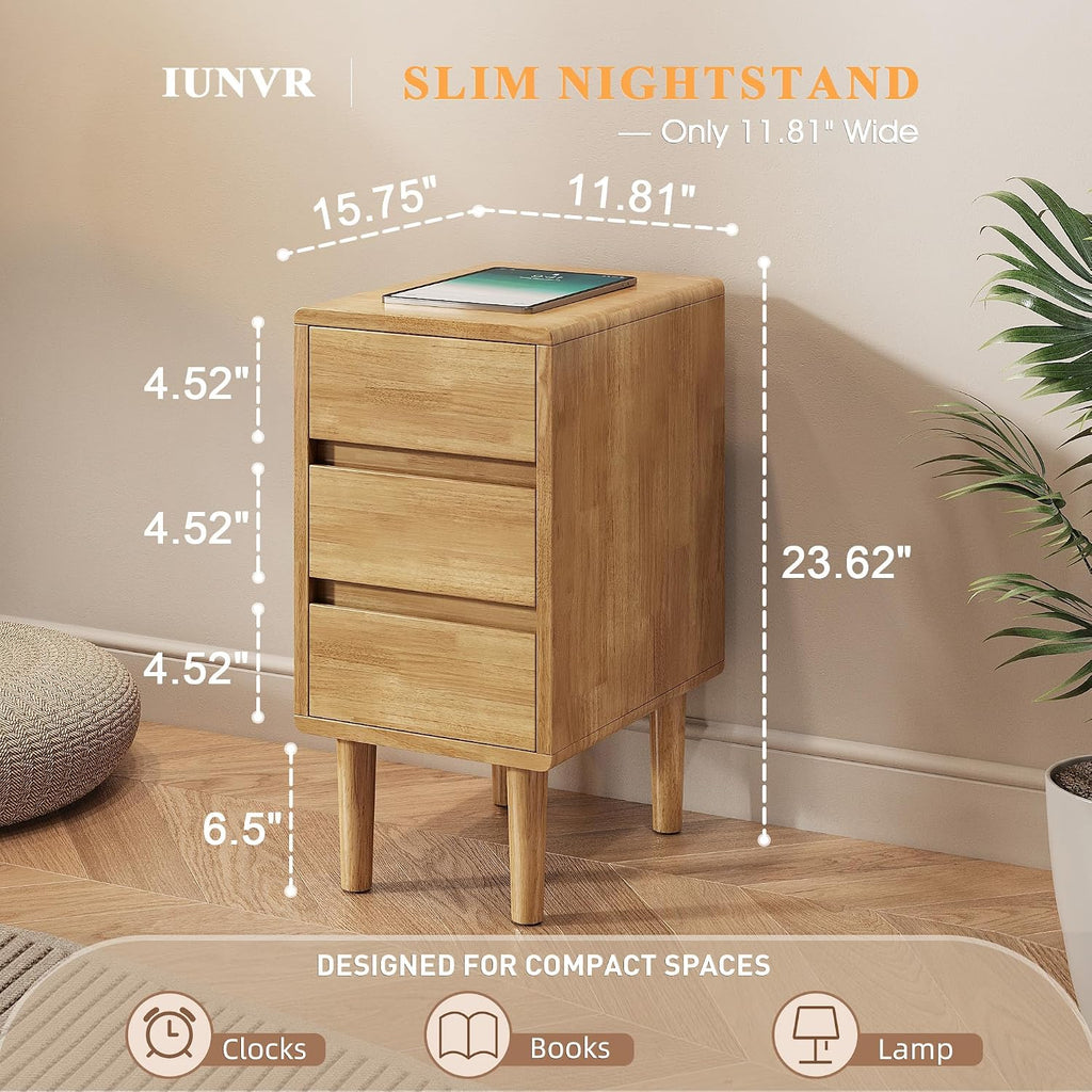 Nightstand with 3 Drawers Narrow Night Stand Solid Wood Bedside Table Mid Century Modern Nightstand Wooden End Table