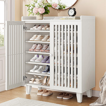 Shoe Cabinet with Slatted Doors, 6-Tier Shoe Storage Cabinet, White