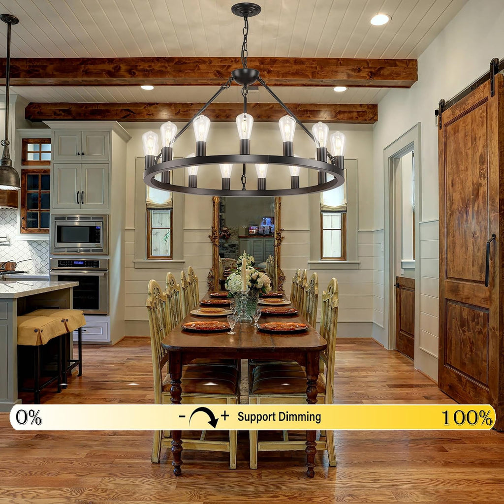 32 inch Black Wagon Wheel Chandelier 15-Light Farmhouse Round Wheel Chandeliers Hanging Light Fixture Outdoor Wagon