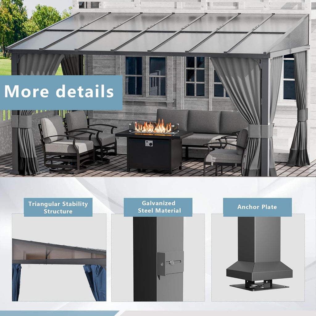 10'x 14' Outdoor Hardtop Pergola,Wall Mounted Lean to Gazebo with Curtains and Netting,Galvanized Metal