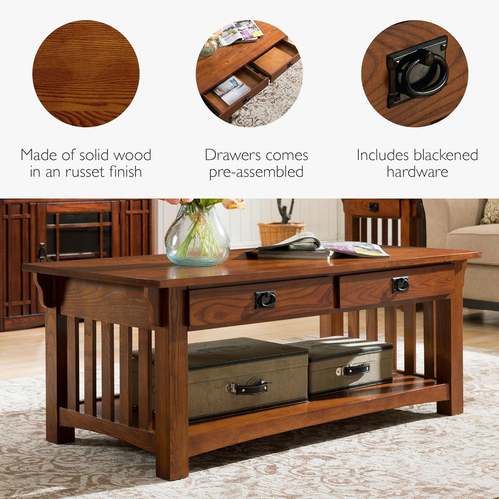 Mission Impeccable Coffee Table, Solid Wood with 2 Drawers & Shelf, Medium Oak Finish, Blackened Hardware