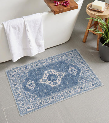 Blue Bathroom Rug, 18x26 Inch Vintage Distressed Absorbent Bath Mat