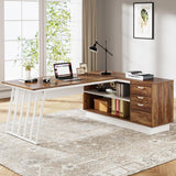 71-Inch Executive Desk, L-Shaped Desk with Cabinet, Large Office Desk with Drawers and Storage Shelves