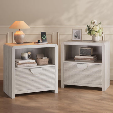 Fluted Nightstands Set of 2 with Charging Station, 23" Wide Wood Bedside Tables with Drawer and Open Compartment, Mid