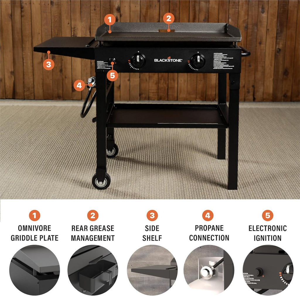2-Burner Flat Top Propane Gas Griddle, Outdoor 28-Inch Grill Station with Rear Grease Management for Camping and Patio Cooking