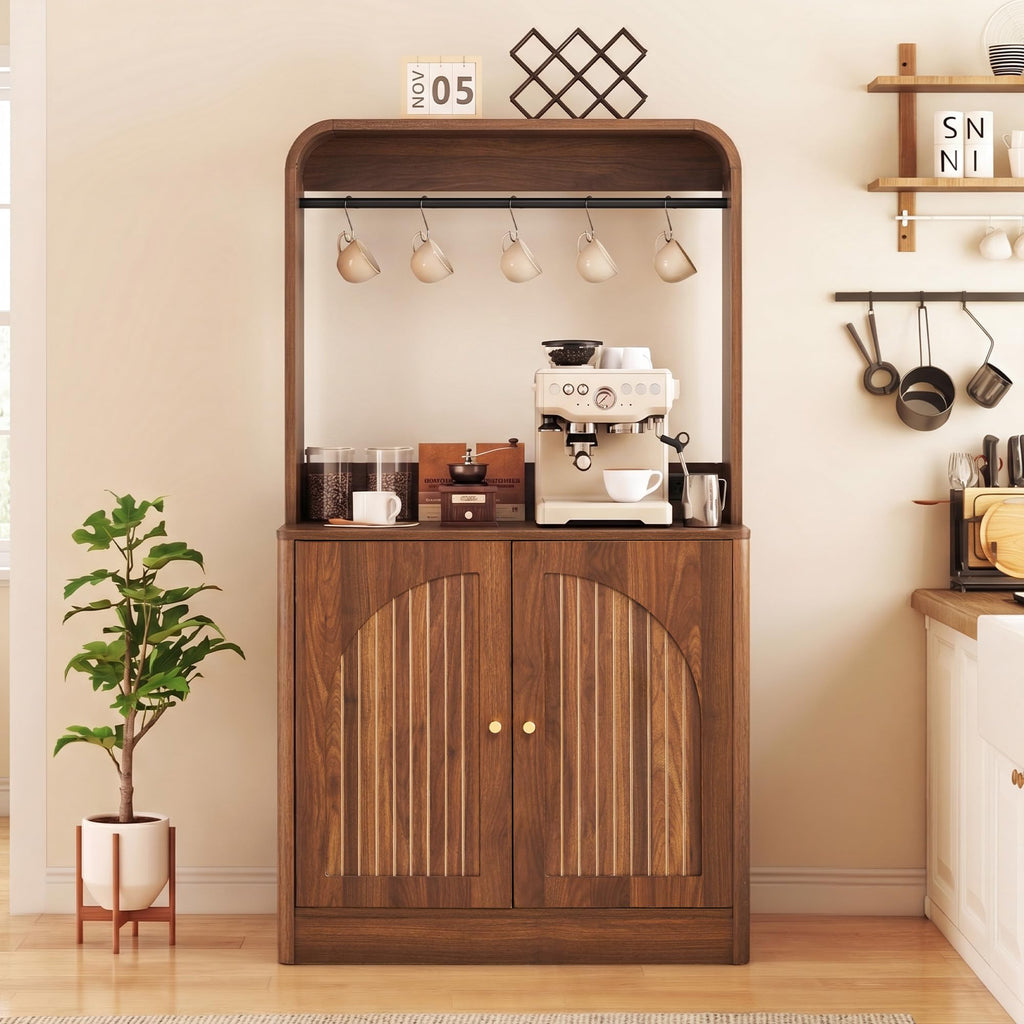 31.5" Coffee Bar Cabinet with Charging Station, Arched Hutch Storage