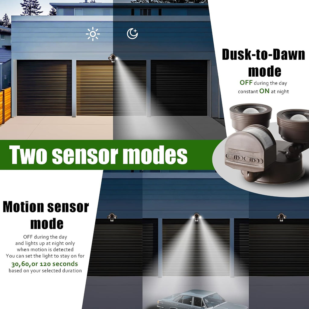Outdoor LED Two-Head Security Flood Light, Motion Sensor, Adjustable Beam Angle Light Coverages, Adjustable