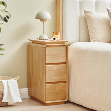 Solid Wood Nightstand, Fully Assembled Narrow Bedside Table with 3 Drawers & Hidden Handles, Mid-Century Modern End