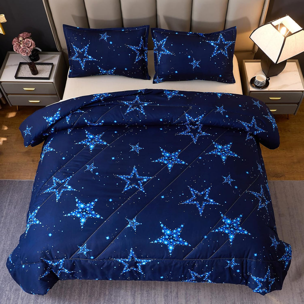 Star Comforter Teen Boy Girl Blue Galaxy Full Bedding Microfiber Set 3 Pieces with Pillowcases for All Seasons