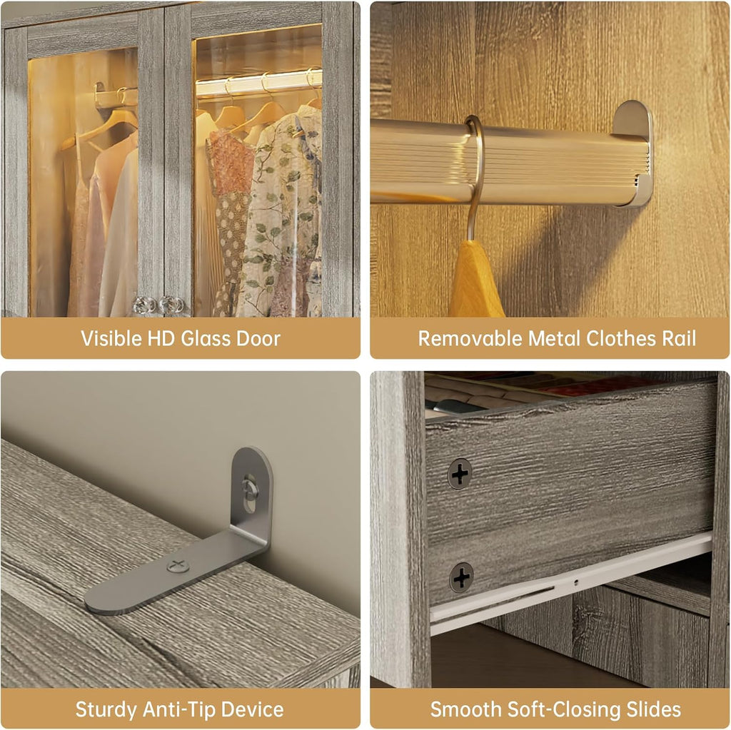 75" Tall Armoire Wardrobe Closet with 2 Glass Doors | Adjustable 3-color Lighting, Clothing Storage Cabinet with