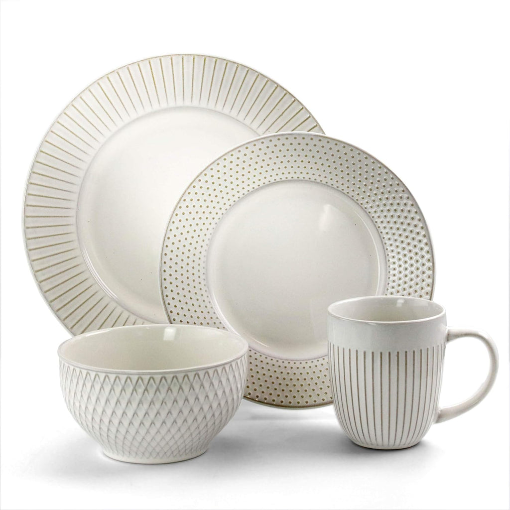 Market Finds 16 Piece Round Stoneware Dinnerware Set in Embossed White