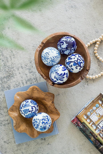 Set of 6 Porcelain Decorative Spheres - Handcrafted Blue and White Floral Orbs Decor, Tabletop Accent, Shelf Display