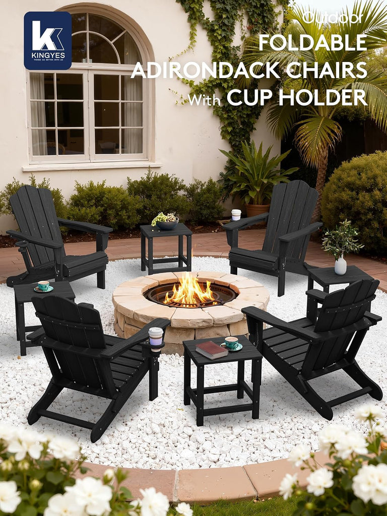 Folding Adirondack Chair, All-Weather HDPE Material, Black, 2 Pack | Wooden Textured Lawn Chair Patio Chairs for