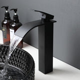 Black Crystal Bathroom Vessel Sink with Waterfall Faucet and Drain Combo,16 Inch Diamond Shaped Tempered Glass Sink