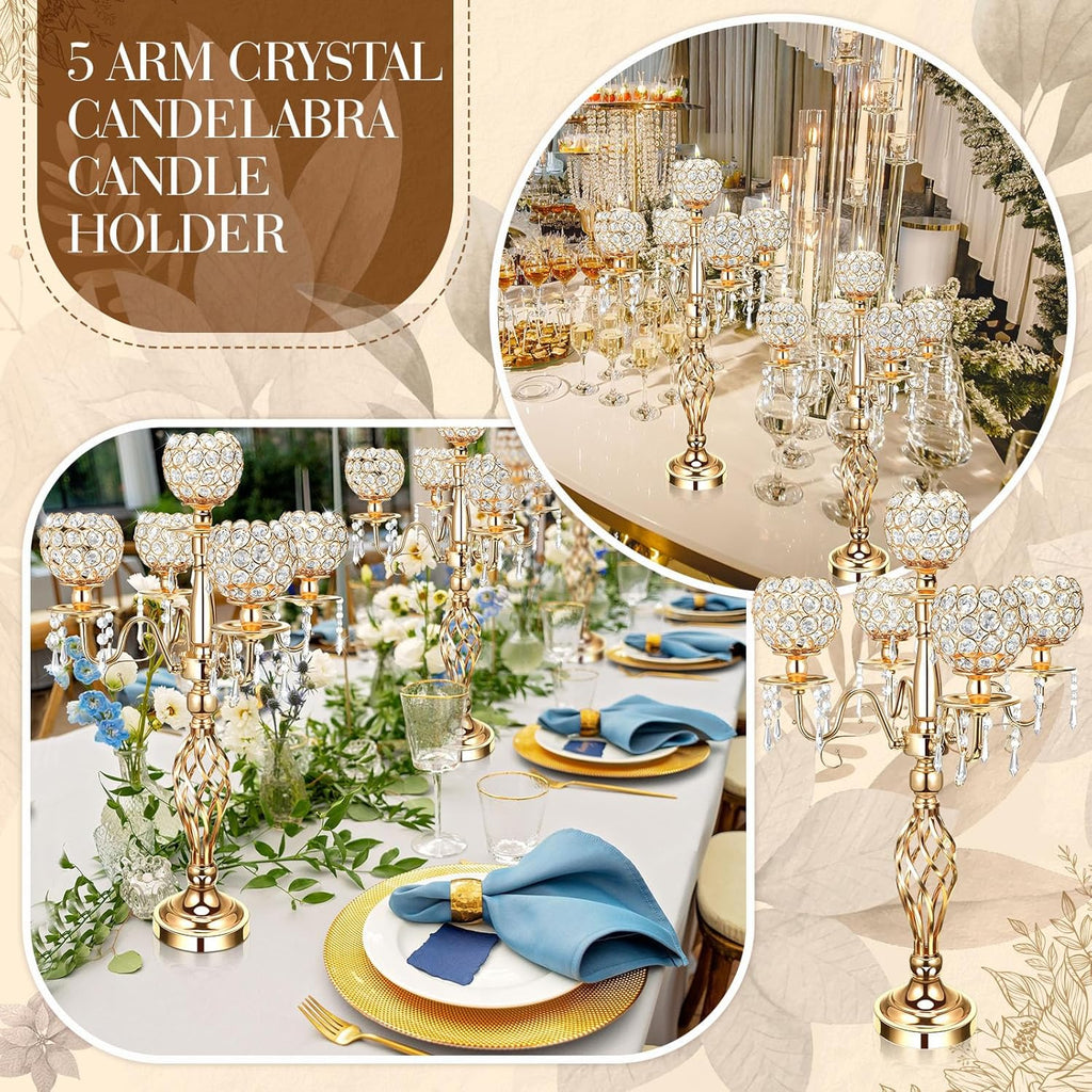 4 Pcs 5 Arm Crystal Candelabra Centerpieces for Table 27 Inch Retro Victorian Crystal Candle Holders Bowl Table