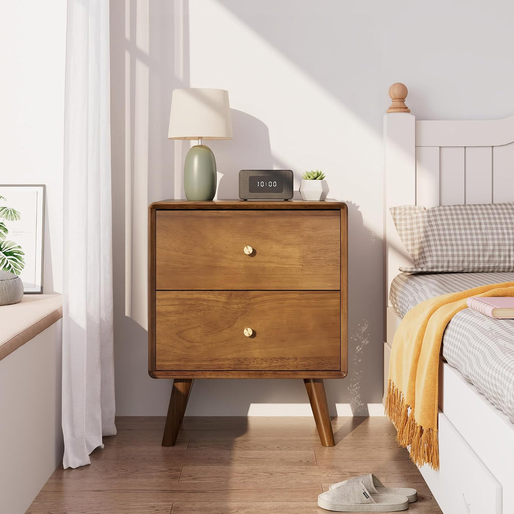 Solid Wood Nightstand with 2 Drawers, Walnut Mid Century Modern Nightstand, Wooden Night Stand, Small Side End Table