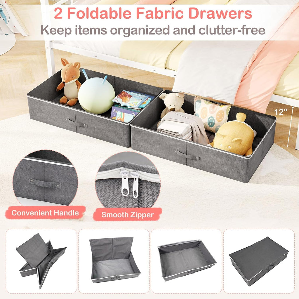 Full Size House Bed with 2 Storage Drawers, Metal Montessori Bed Frame with Headboard & Footboard, Full House Beds