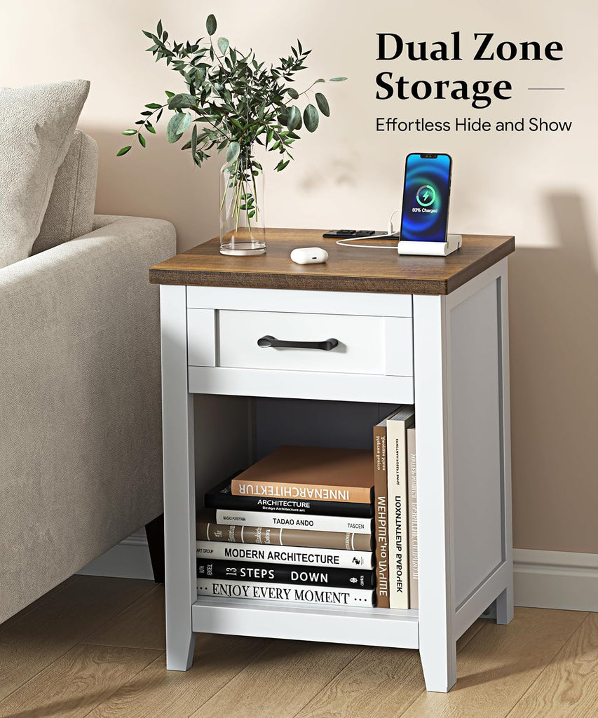 Farmhouse Nightstand with Charging Station & Large Storage, Set of 2 Modern End Tables with Outlets, USB Ports and