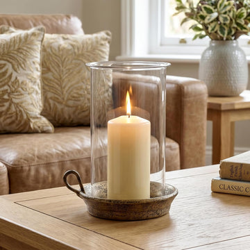 Rustic Pillar Candle Holder with Glass Hurricane Shade, Vintage Brass Cast Iron Candle Holder for 3 Inch Pillar