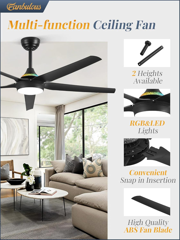 56'' Smart Ceiling Fans with RGB Lights, Modern Ceiling Fan with Alexa/App/Remote Control, Dimmable LED Light