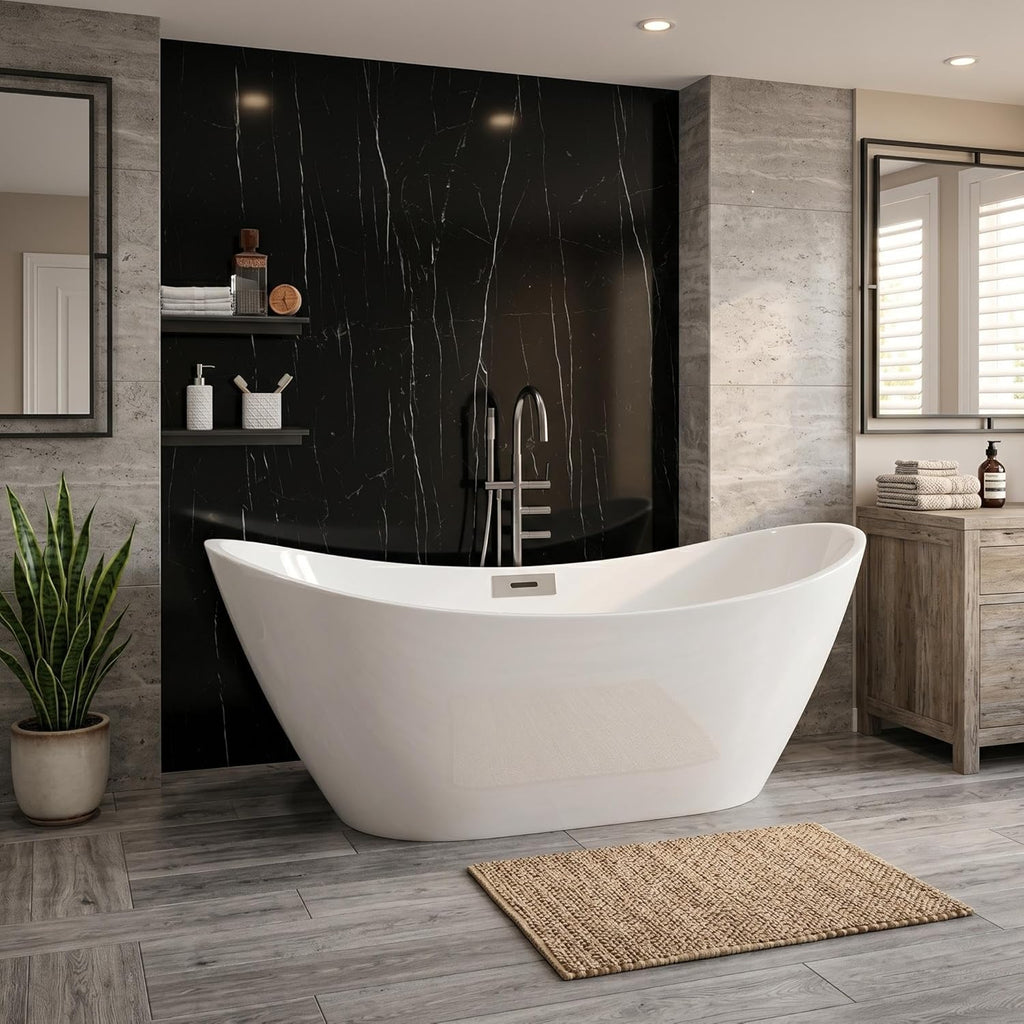67" Acrylic Freestanding Bathtub, Deep Soaking Tub with Non-Slip Surface, Modern Free Standing Bath Tub, Chrome Drain