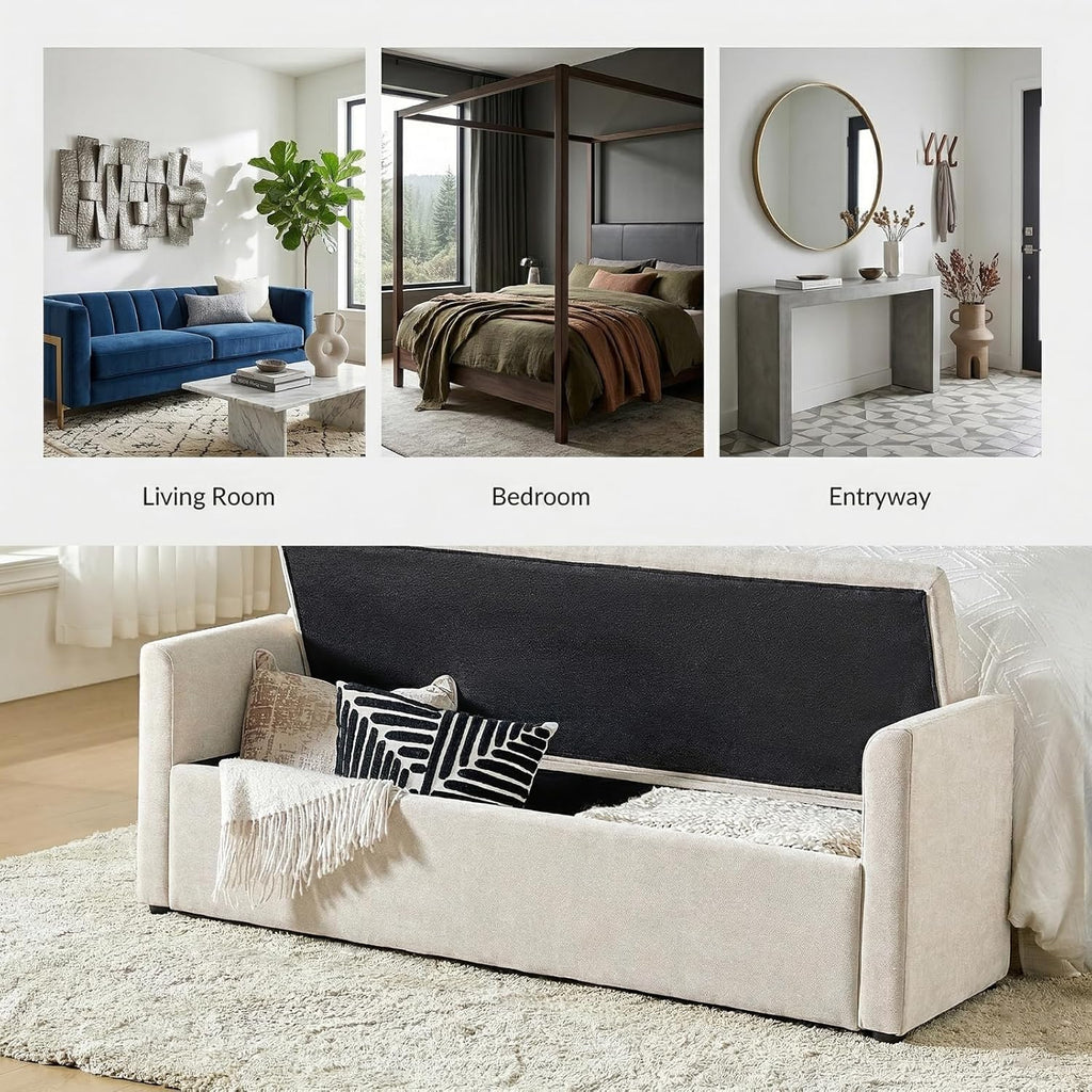 59" Storage Bench with 2 Throw Pillows & Armrests, Linen | Modern Long Bedroom Bench for End of Bed, Comfy