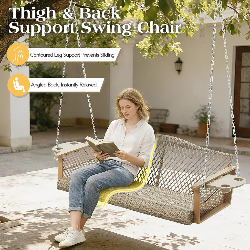 3-Seat Wicker Hanging Porch Swing with Cup Holders and Cushions | Porch Swing with Cushions, Heavy Duty Chains